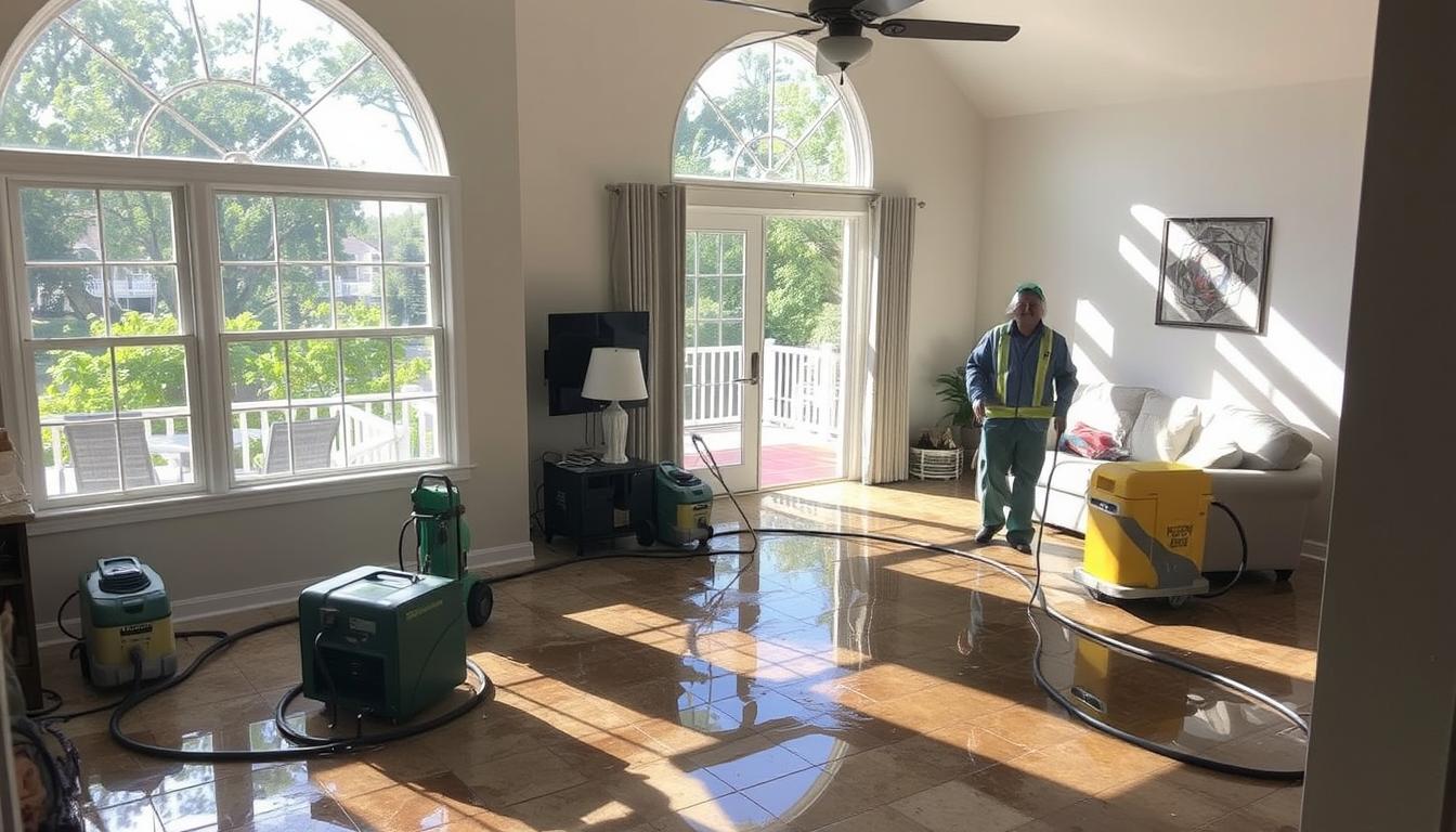 A serene scene of a residential home in Safety Harbor, FL, showing the process of water damage restoration. The image features workers in protective gear efficiently using equipment to extract water from a living room, with wet flooring visible and tools like dehumidifiers and water extraction machines scattered around. Sunlight streams through windows, highlighting the water-damaged areas, and lush greenery can be seen outside, representing the vibrant local environment.