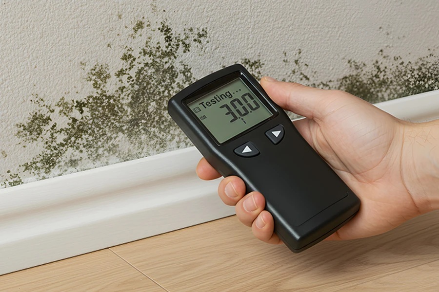 technician Measures High Humidity on a Moldy Light Beige Wall